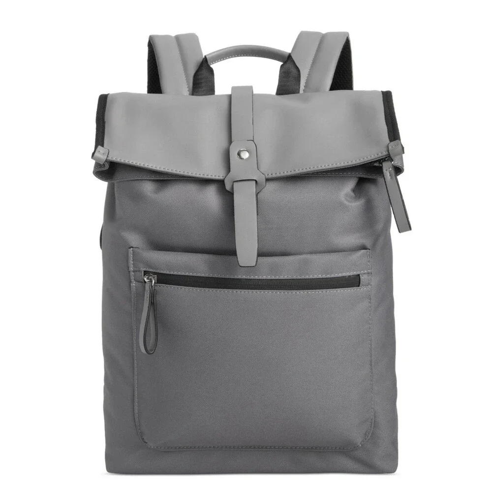 ALFANI Backpack Grey Canvas Roll Top Backpack Faux Leather Trim Laptop Sleeve